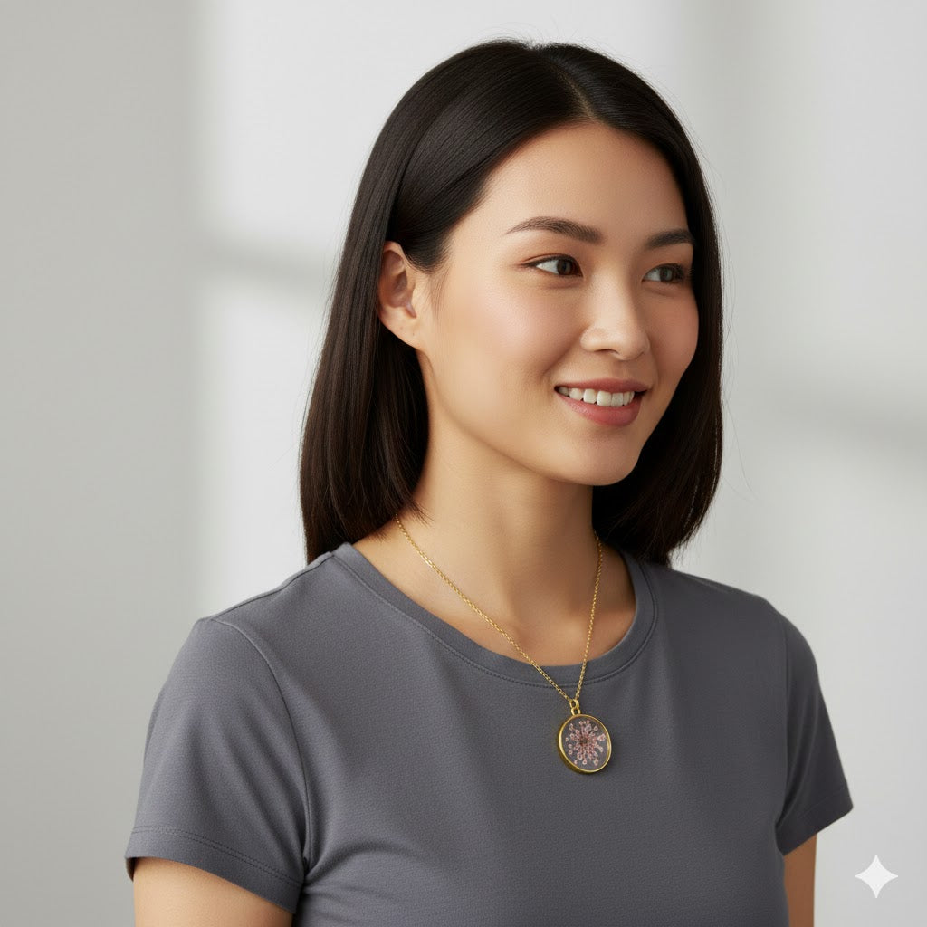 Collana "Blush Lace" – Ciondolo Botanico in Resina con Fiore di Regina Anna Rosa e Finitura Oro