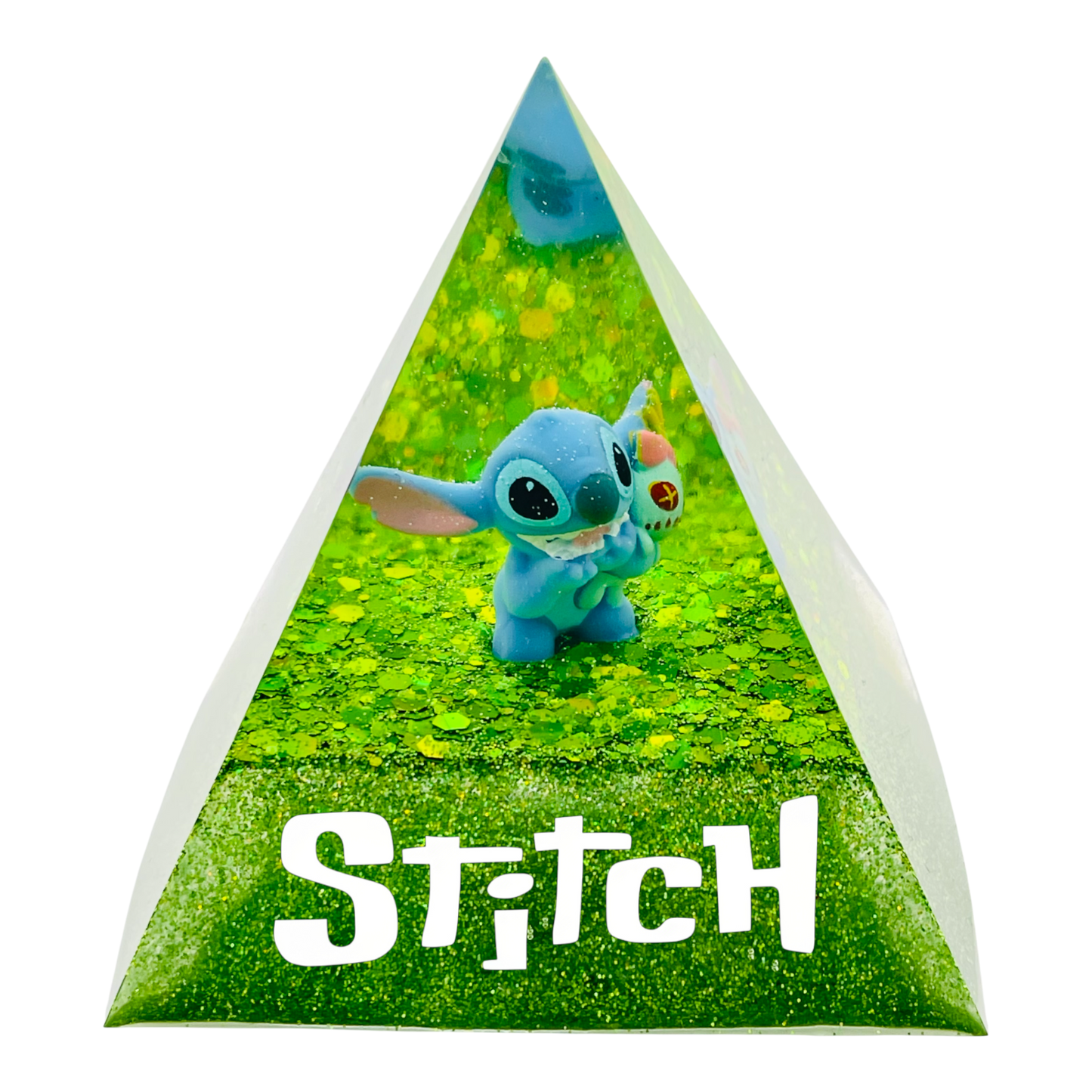 Piramide Luminosa "Stitch Emerald" – Lampada LED in Resina Verde Glitterata
