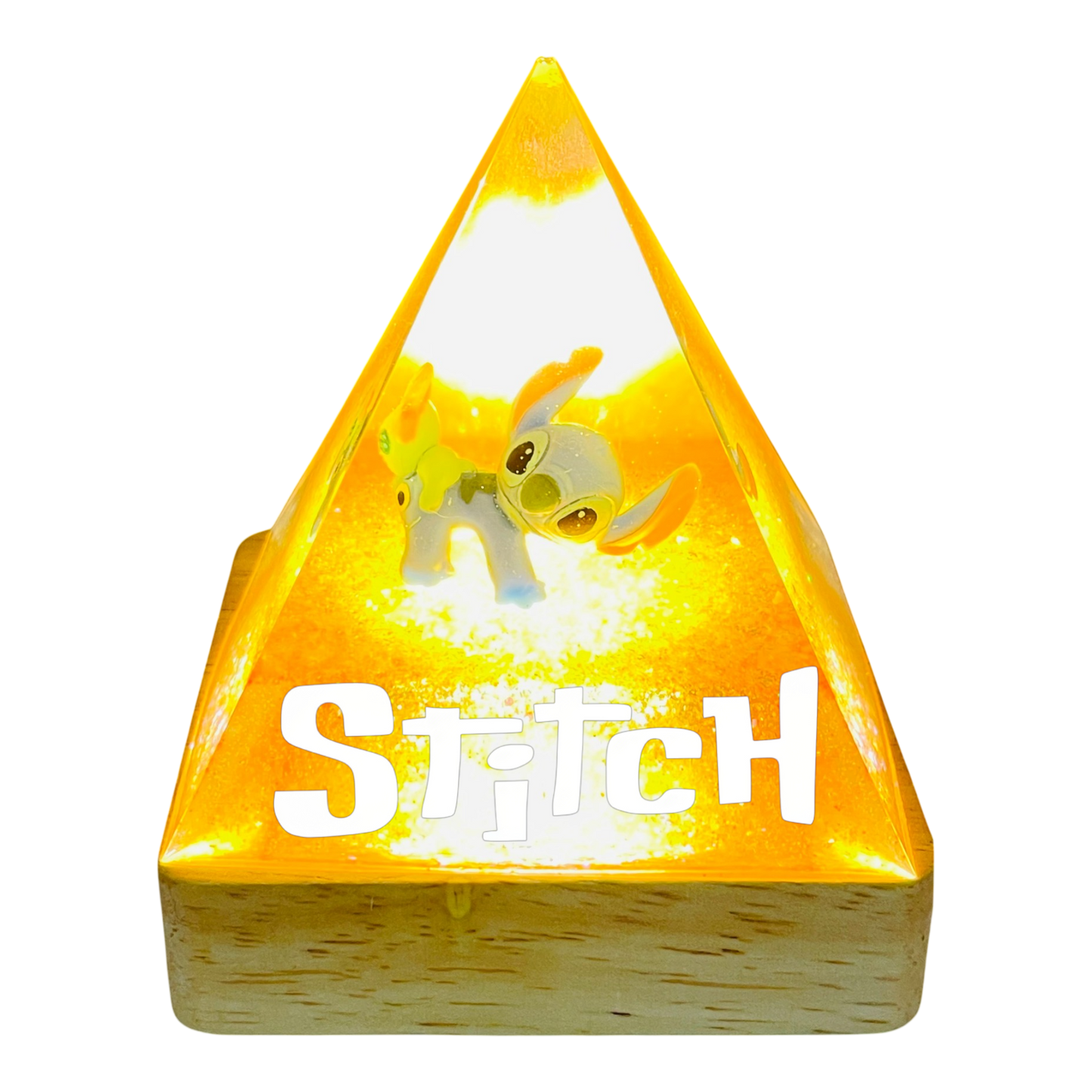 iramide Luminosa "Stitch & Scrump: Golden Hour" – Lampada LED in Resina Arancione Glitterata
