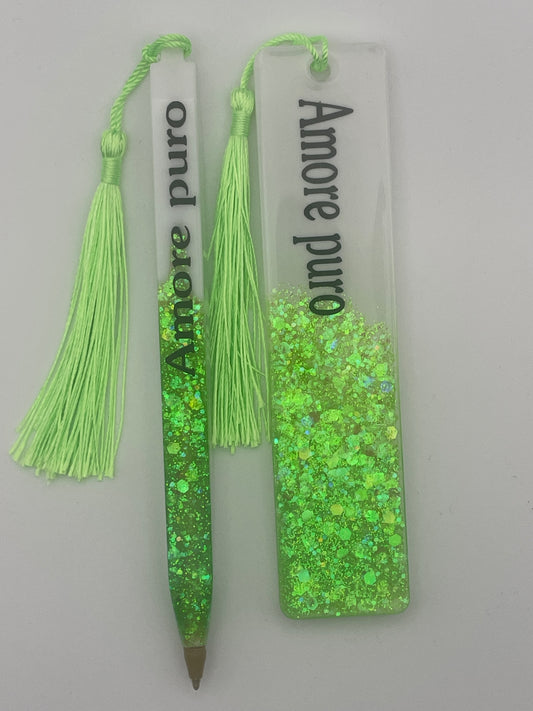 Set regalo "Amore Puro" - Segnalibro e penna in resina con glitter verde neon.