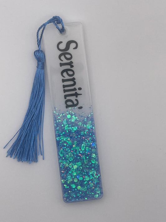 Set "Serenità" - Segnalibro e penna in resina con glitter azzurro e blu.