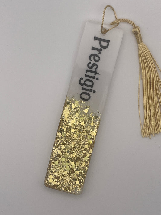 Set "Prestigio" - Segnalibro e penna in resina con glitter oro.