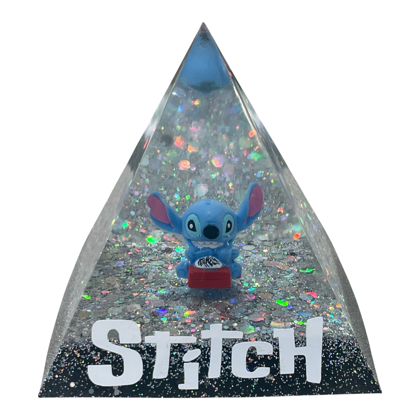 Piramide "Stitch" in Resina Epossidica con Base LED in Legno – Luce Notturna Magica & Scintillante