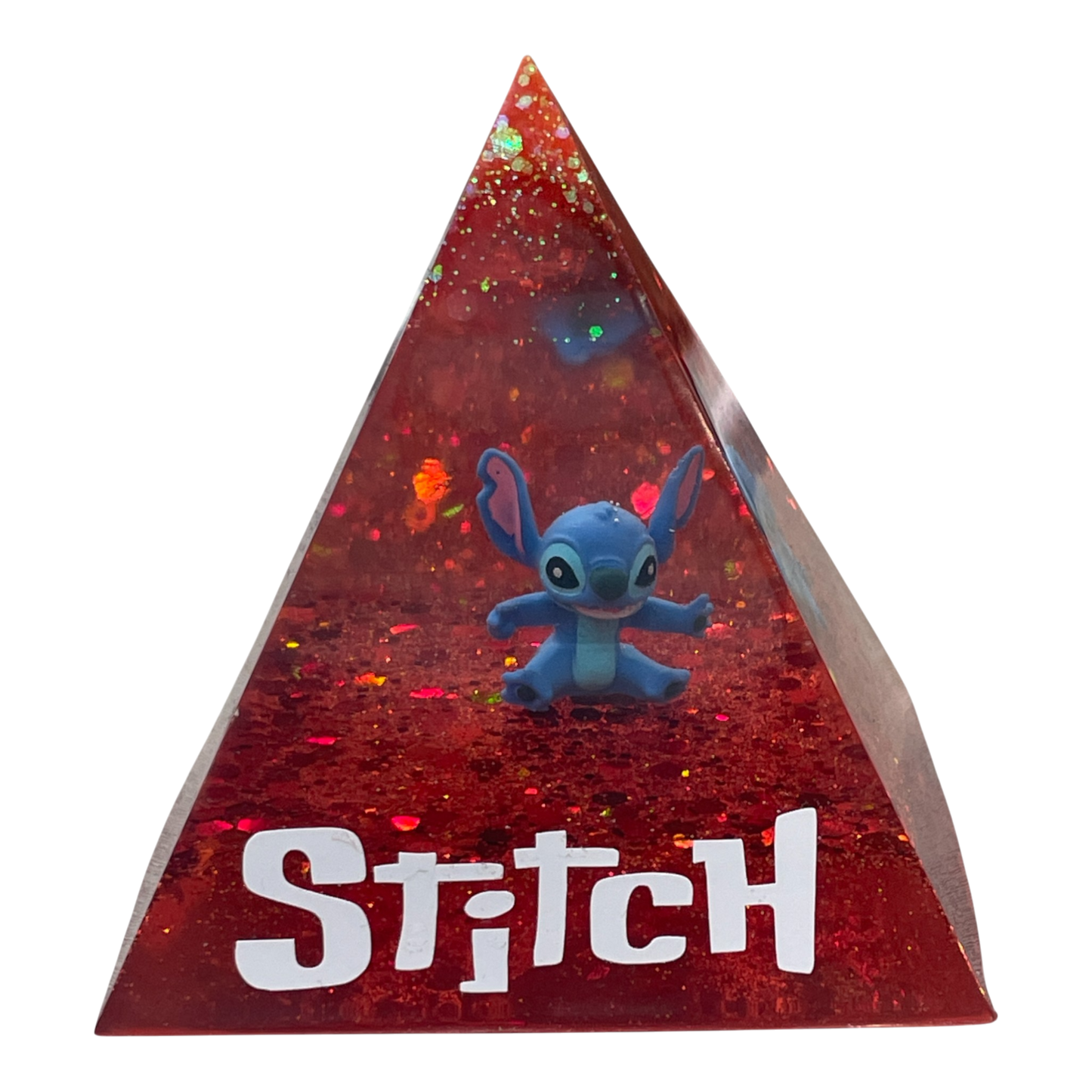 Piramide Luminosa "Stitch Red Galaxy" – Lampada LED in Resina con Glitter Olografici