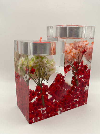 Portacandele Romantico in Resina con Fiori Rossi e Cuore