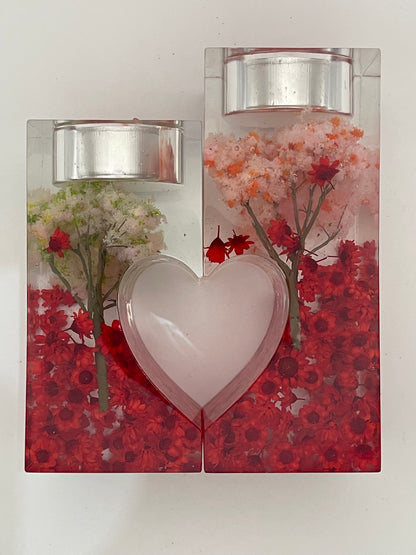 Portacandele Romantico in Resina con Fiori Rossi e Cuore