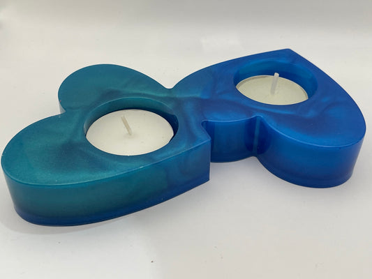 Portacandele "Cuori Connessi" - Creazione artigianale in resina epossidica con effetto marmorizzato blu.