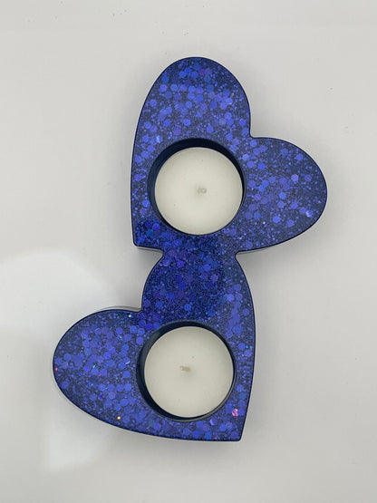 Portacandele "Cuori Connessi" - Creazione artigianale in resina epossidica con glitter blu.