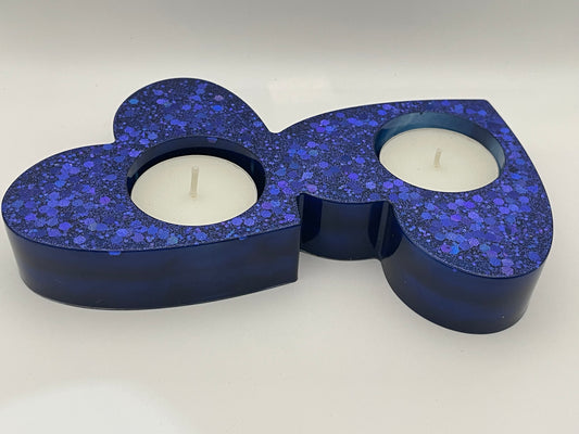 Portacandele "Cuori Connessi" - Creazione artigianale in resina epossidica con glitter blu.