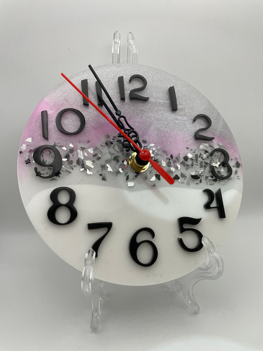 Orologio in Resina Artigianale con Rosa, Grigio e Vetrini