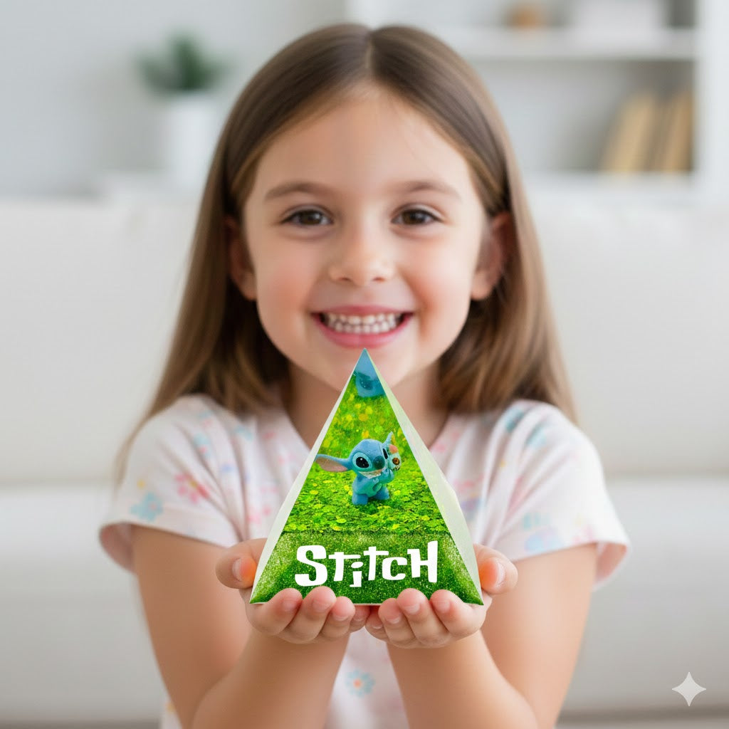 Piramide Luminosa "Stitch Emerald" – Lampada LED in Resina Verde Glitterata