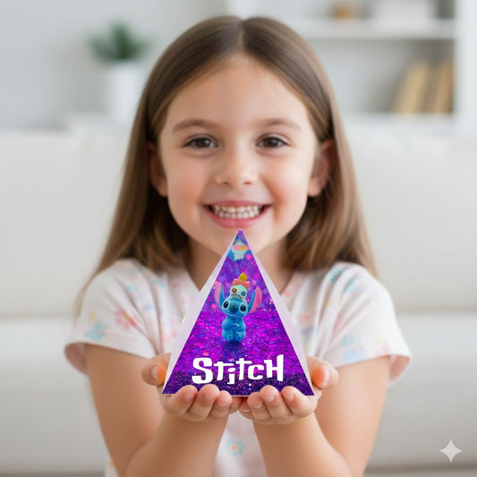 Piramide Luminosa "Stitch Cosmic Purple" – Lampada LED in Resina Viola con Scrump
